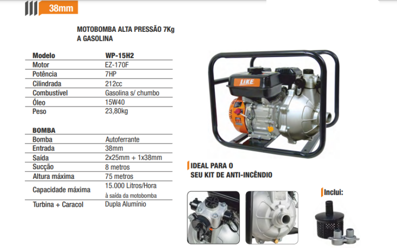 Motobomba alta pressão 7kg 38mm